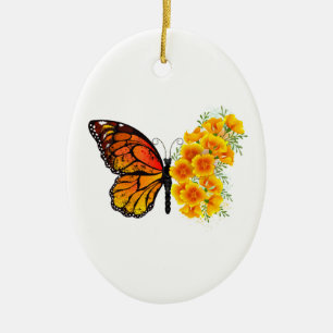 Flower Butterfly med Gult California Poppy Julgransprydnad Keramik