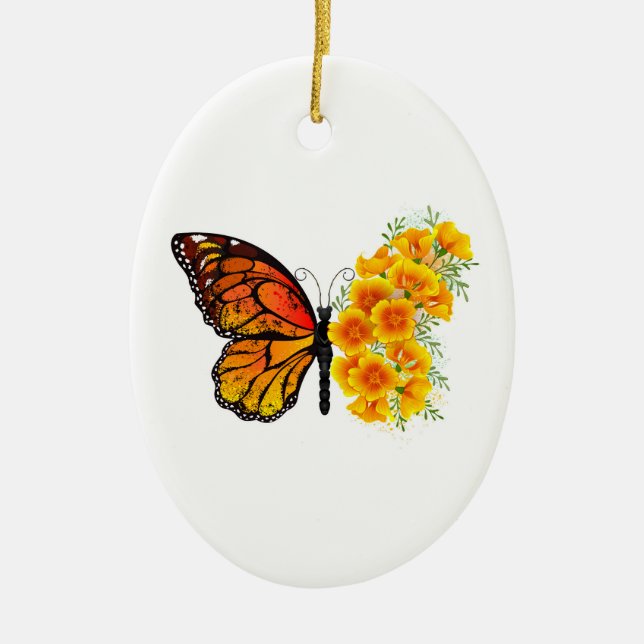 Flower Butterfly med Gult California Poppy Julgransprydnad Keramik (Framsidan)
