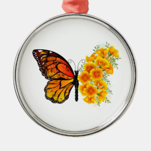 Flower Butterfly med Gult California Poppy Julgransprydnad Metall