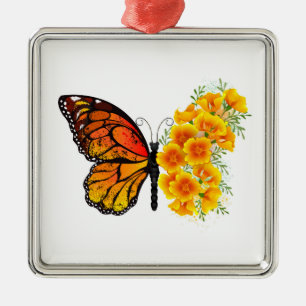 Flower Butterfly med Gult California Poppy Julgransprydnad Metall