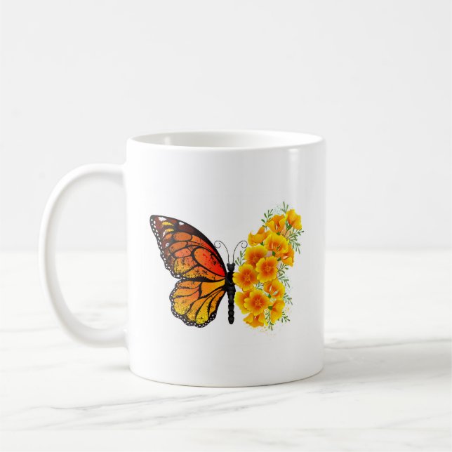 Flower Butterfly med Gult California Poppy Kaffemugg (Vänster)