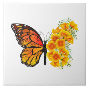 Flower Butterfly med Gult California Poppy Kakelplatta