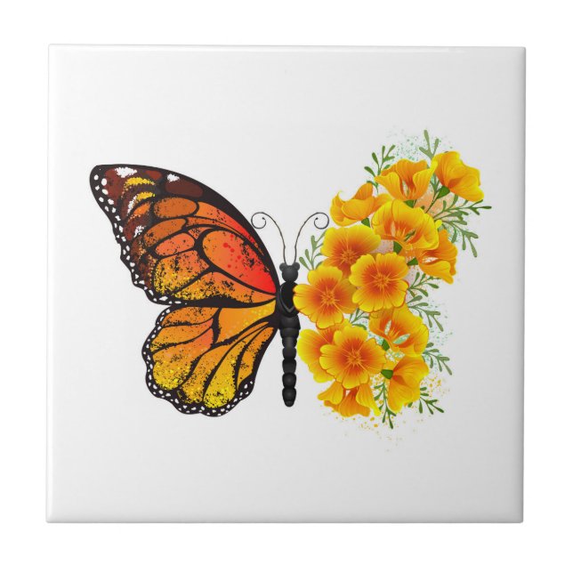 Flower Butterfly med Gult California Poppy Kakelplatta (Framsidan)