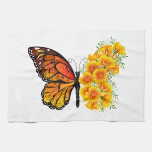 Flower Butterfly med Gult California Poppy Kökshandduk