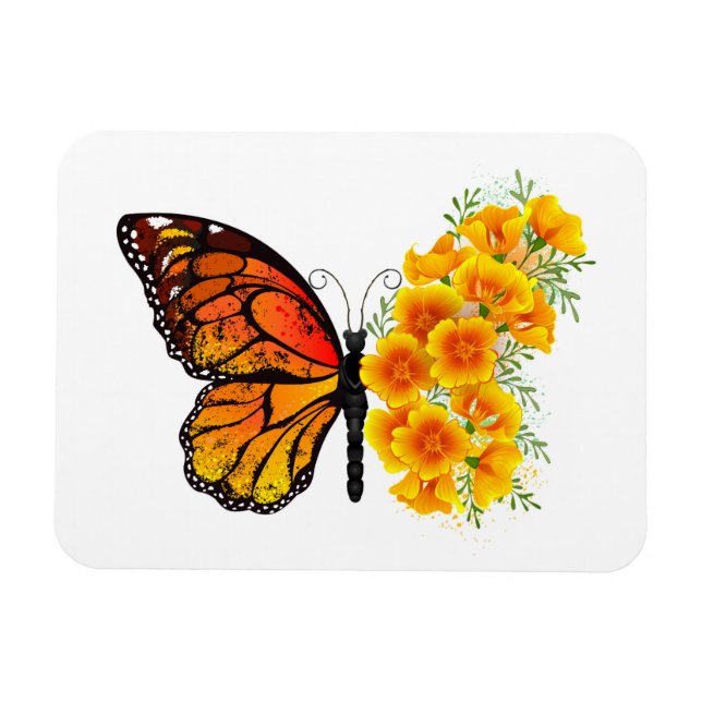Flower Butterfly med Gult California Poppy Magnet (Horisontell)