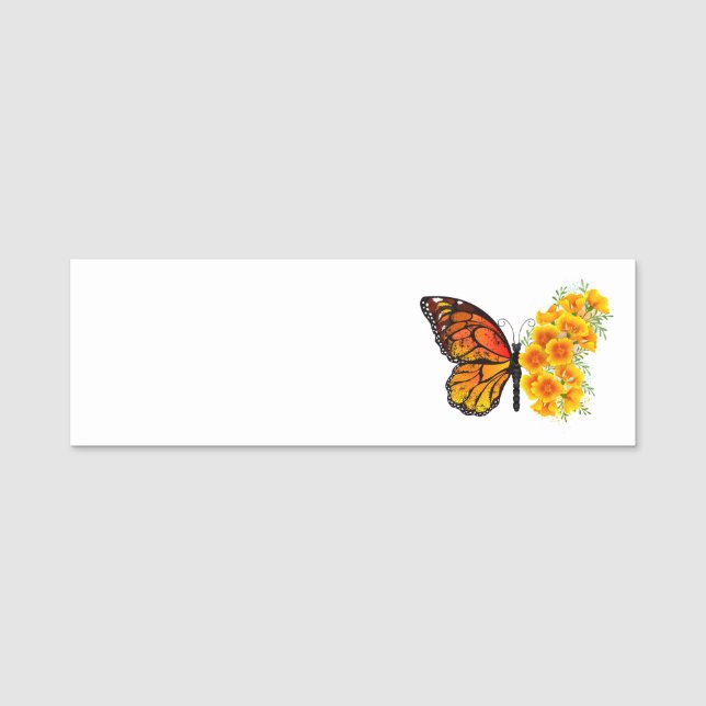 Flower Butterfly med Gult California Poppy Namnbricka (Framsida)