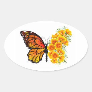 Flower Butterfly med Gult California Poppy Ovalt Klistermärke