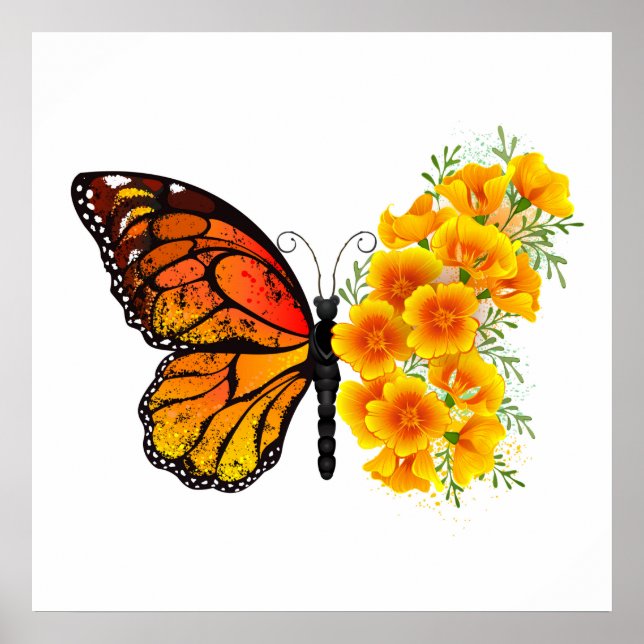 Flower Butterfly med Gult California Poppy Poster (Framsidan)