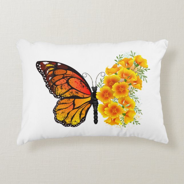 Flower Butterfly med Gult California Poppy Prydnadskudde (Framsidan)