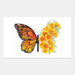 Flower Butterfly med Gult California Poppy Rektangulärt Klistermärke