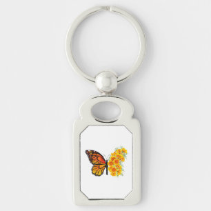 Flower Butterfly med Gult California Poppy Rektangulärt Silverfärgad Nyckelring