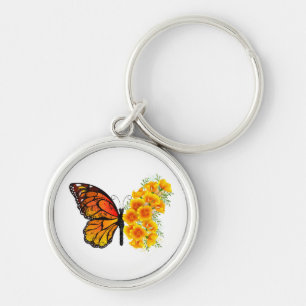 Flower Butterfly med Gult California Poppy Rund Silverfärgad Nyckelring