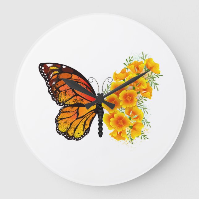 Flower Butterfly med Gult California Poppy Stor Klocka (Framsida)