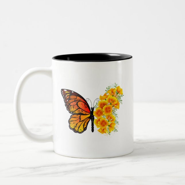Flower Butterfly med Gult California Poppy Två-Tonad Mugg (Vänster)