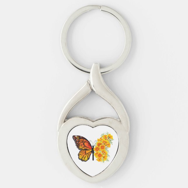 Flower Butterfly med Gult California Poppy Twisted Heart Silverfärgad Nyckelring (Framsidan)