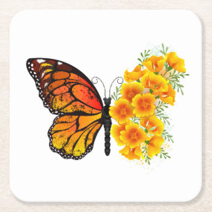 Flower Butterfly med Gult California Poppy Underlägg Papper Kvadrat