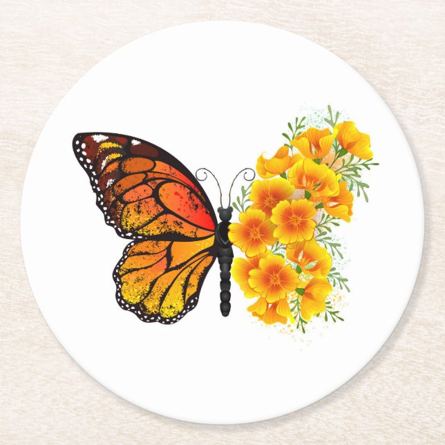 Flower Butterfly med Gult California Poppy Underlägg Papper Rund (Framsidan)