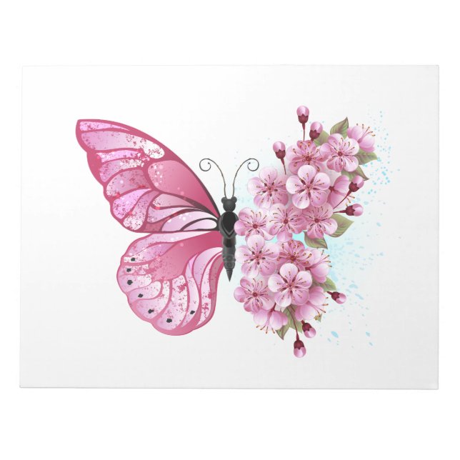 Flower Butterfly med Rosa Sakura Anteckningsblock (Framsida)