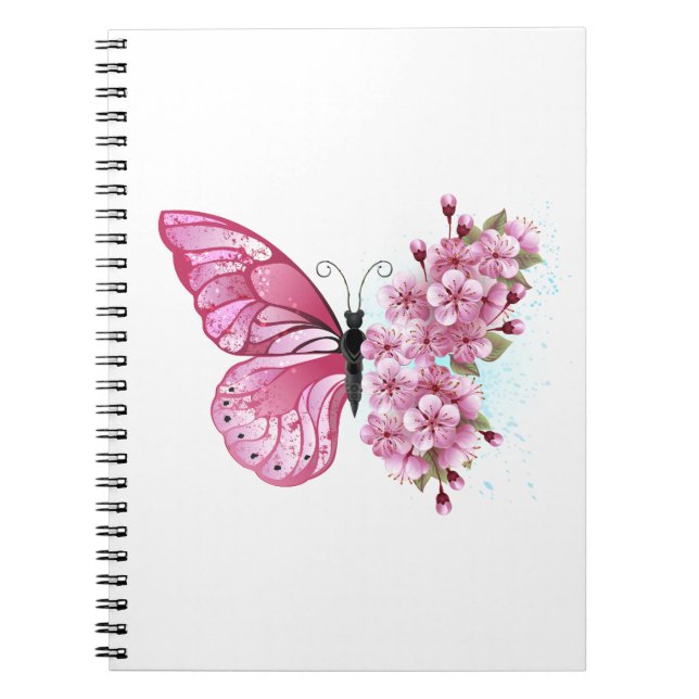 Flower Butterfly med Rosa Sakura Anteckningsbok (Framsidan)