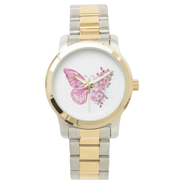 Flower Butterfly med Rosa Sakura Armbandsur (Framsida)