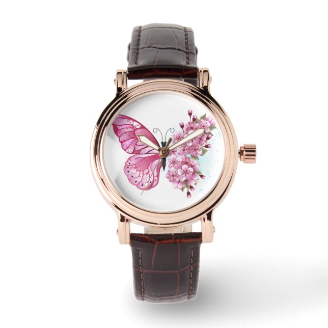 Flower Butterfly med Rosa Sakura Armbandsur (Framsida)