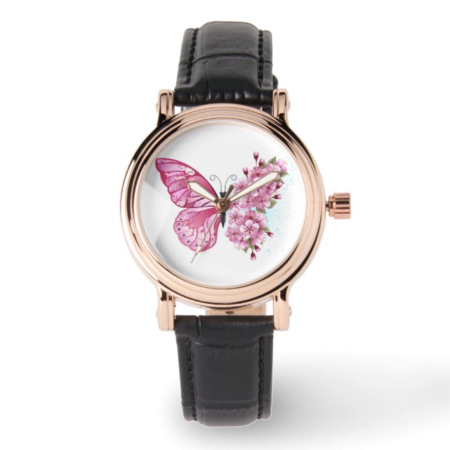 Flower Butterfly med Rosa Sakura Armbandsur (Framsida)