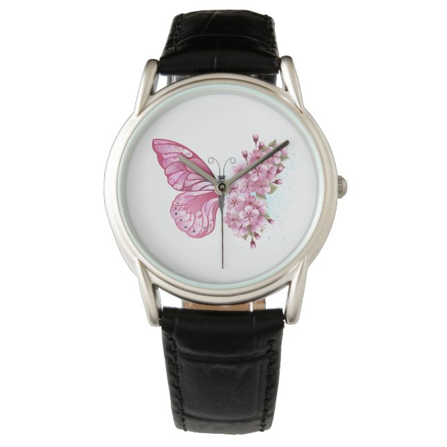 Flower Butterfly med Rosa Sakura Armbandsur (Framsida)