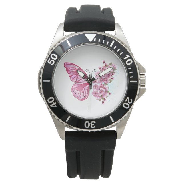 Flower Butterfly med Rosa Sakura Armbandsur (Framsida)