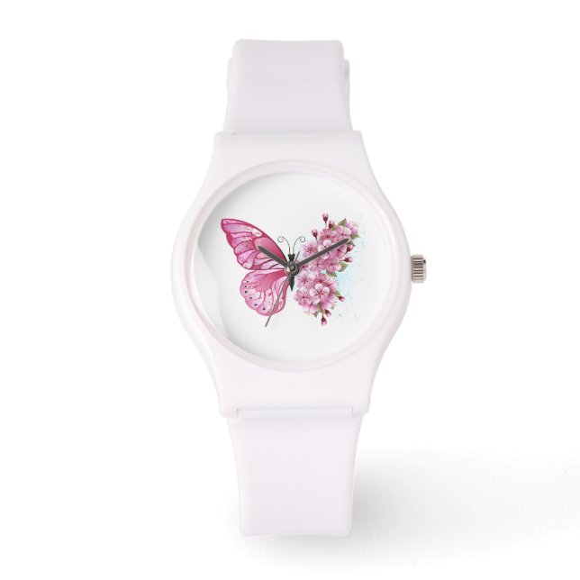 Flower Butterfly med Rosa Sakura Armbandsur (Framsida)