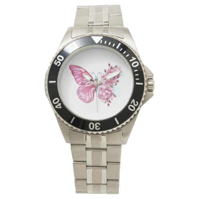 Flower Butterfly med Rosa Sakura Armbandsur (Framsida)