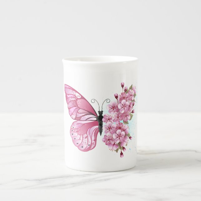 Flower Butterfly med Rosa Sakura Benporslin Mugg (Framsidan)