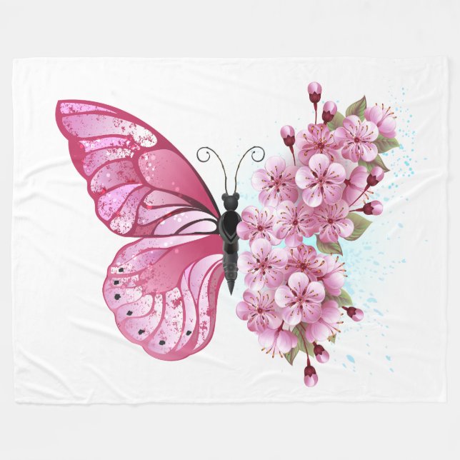Flower Butterfly med Rosa Sakura Fleecefilt (Framsidan (Horisontell))