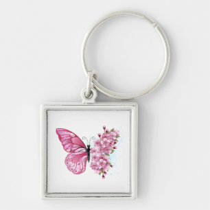 Flower Butterfly med Rosa Sakura Fyrkantig Silverfärgad Nyckelring