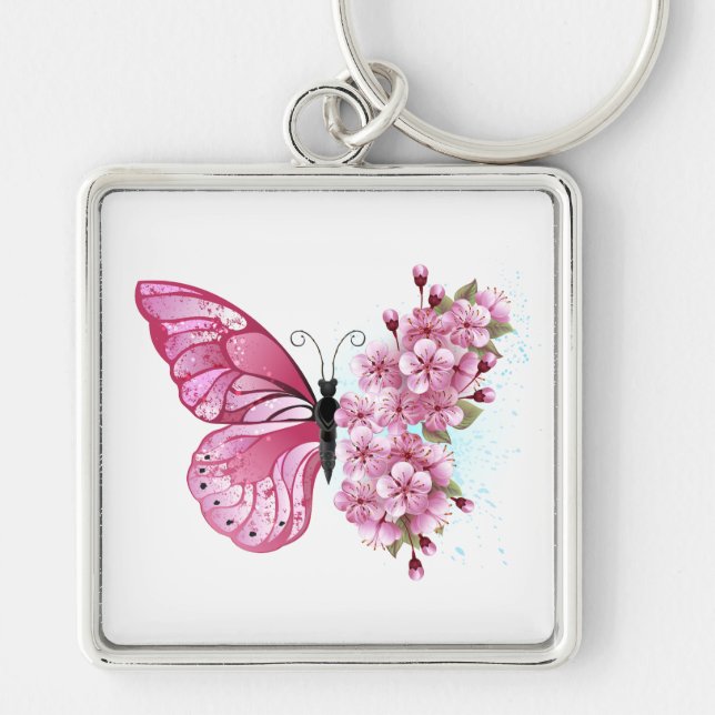 Flower Butterfly med Rosa Sakura Fyrkantig Silverfärgad Nyckelring (Framsidan)
