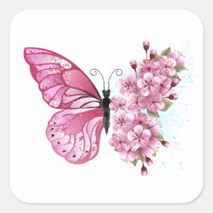 Flower Butterfly med Rosa Sakura Fyrkantigt Klistermärke