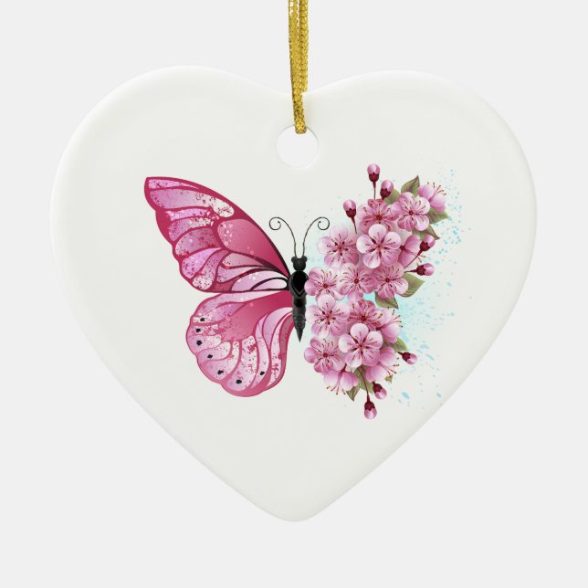 Flower Butterfly med Rosa Sakura Julgransprydnad Keramik (Framsidan)