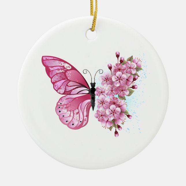Flower Butterfly med Rosa Sakura Julgransprydnad Keramik (Framsidan)