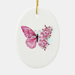 Flower Butterfly med Rosa Sakura Julgransprydnad Keramik