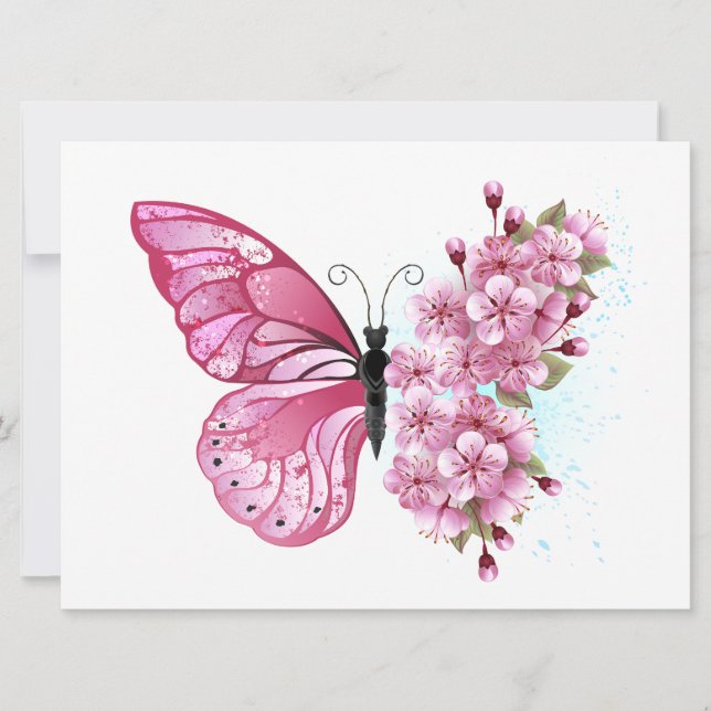 Flower Butterfly med Rosa Sakura Julkort (Framsida)