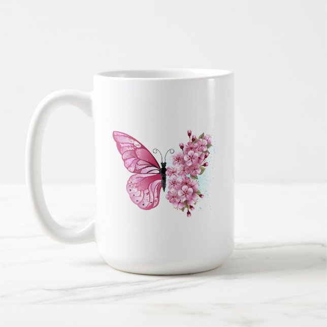 Flower Butterfly med Rosa Sakura Kaffemugg (Vänster)