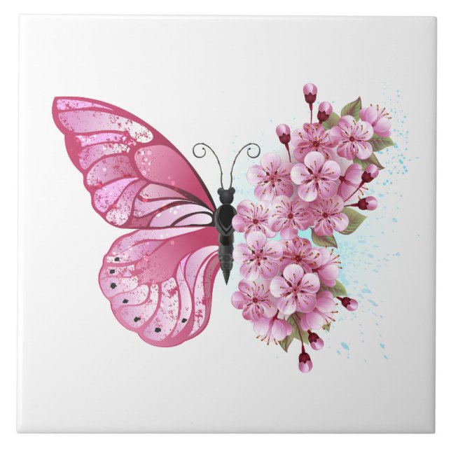 Flower Butterfly med Rosa Sakura Kakelplatta (Framsidan)