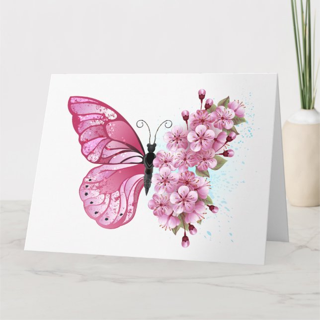 Flower Butterfly med Rosa Sakura Kort (Framsida)