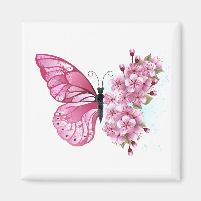 Flower Butterfly med Rosa Sakura Magnet (Framsidan)