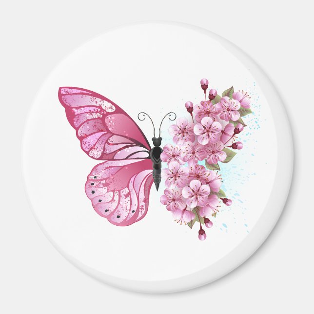 Flower Butterfly med Rosa Sakura Magnet (Framsidan)