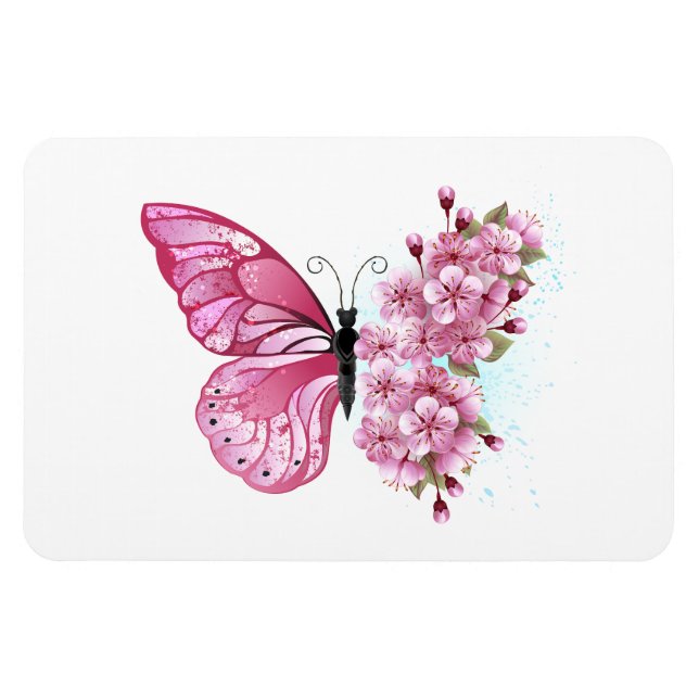 Flower Butterfly med Rosa Sakura Magnet (Horisontell)