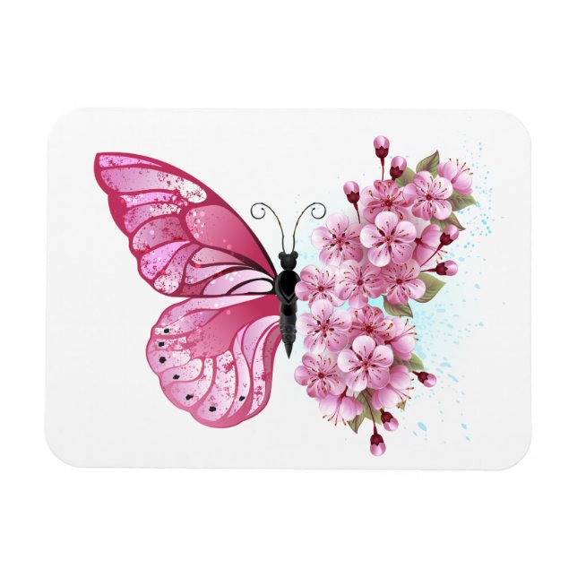Flower Butterfly med Rosa Sakura Magnet (Horisontell)
