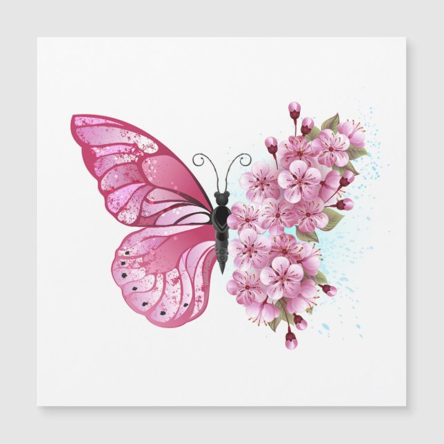 Flower Butterfly med Rosa Sakura Magnetisk Inbjudningskort (Framsida)