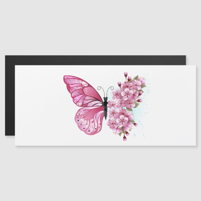 Flower Butterfly med Rosa Sakura Magnetisk Inbjudningskort (Fram/baksida)