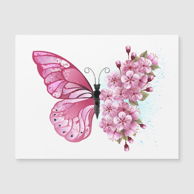 Flower Butterfly med Rosa Sakura Magnetisk Inbjudningskort (Framsida)