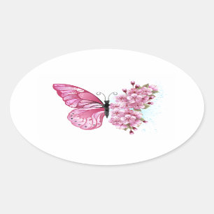 Flower Butterfly med Rosa Sakura Ovalt Klistermärke